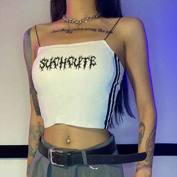 

summer gothic women corset clothing dark letter print thorns femme two bars e girl sling vest harajuku, White