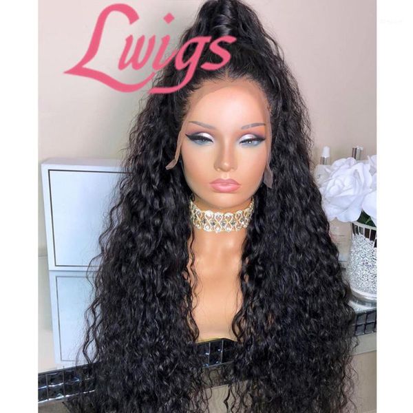 

deep wave curly lace front wig human hair water brazilian 4x4 closure wigs with baby pre plucked full wigs1, Black;brown