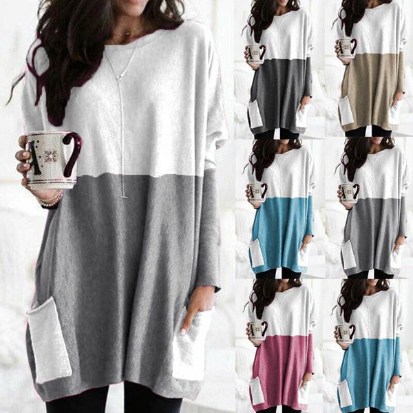 

women's tees t-shirt 2021 round neck long sleeve stitching casual pocket t-shirt women's wear, White