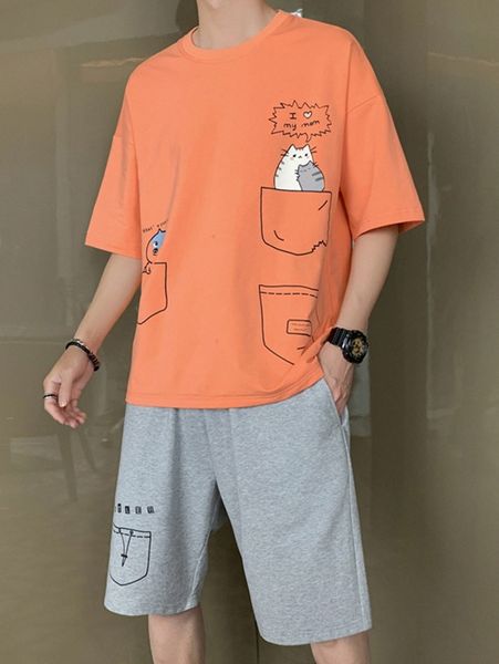 

men cartoon graphic tee & track shorts h0yz#, Gray
