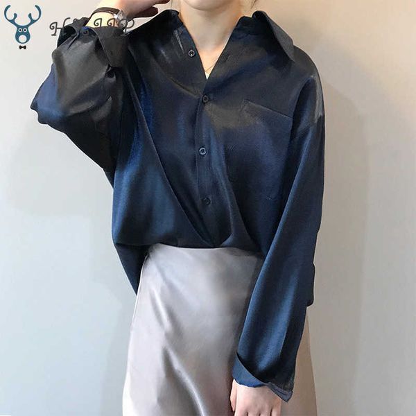 

hxjjp blue pink satin silk blouse ladies casual long sleeve button turndown collar real women's solid shirts 210607, White