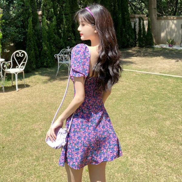 

holiday sweet trendy summer femme women dress a line sundress backless design korean floral purple puff sleeve ladies vestidos, Black;gray