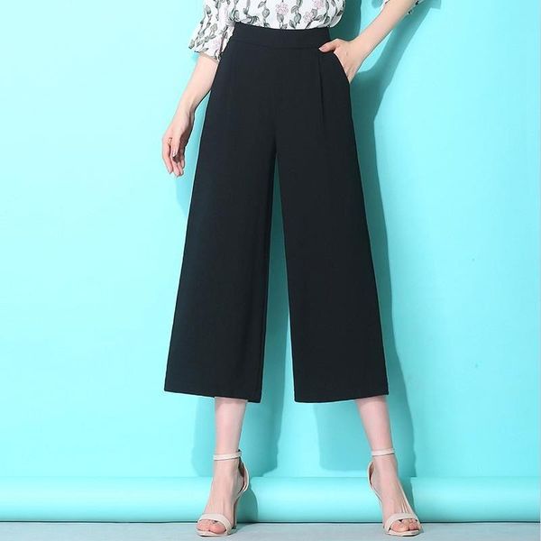 

women's pants & capris women plus size high waist black slim suit 2021 summer chiffon loose wide leg straight ankle-length pant casual, Black;white