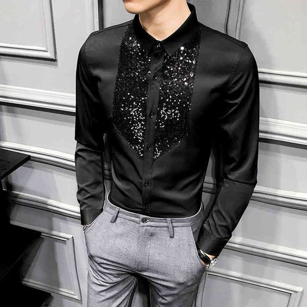 

men's casual shirts sequins tuxedo long sleeve camisa masculina black white slim fit dress streetwear social gqbm, White;black