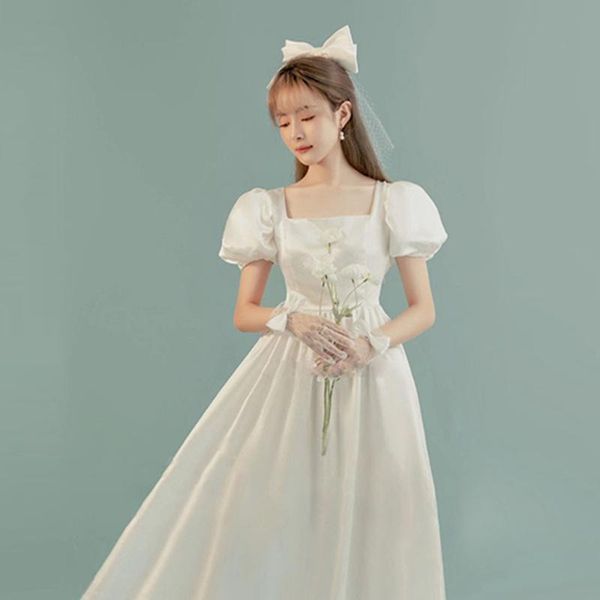 

other wedding dresses french satin white midcalf simple lady girl bridal dress daily wear gown w/ veil gloves