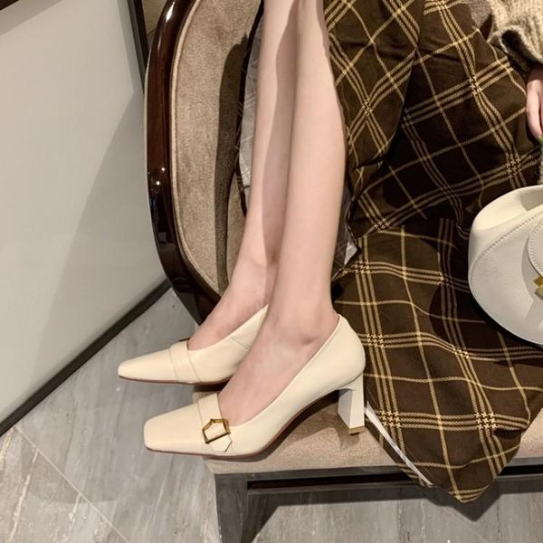 

dress shoes vintage beige leather women pumps french stylish slip on chunky high heels prom party stilettos gold buckle wedding zapato, Black