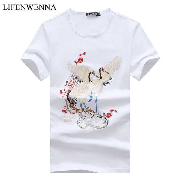 

summer crane embroidery t shirt men fashion o neck short men's t shirts casual slim fit cotton tees mlale plus 5xl 210528, White;black
