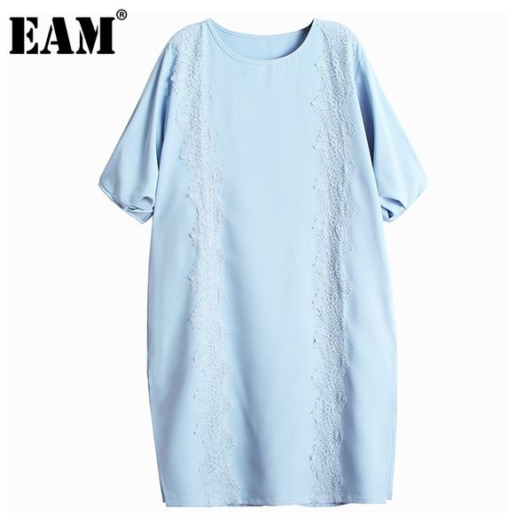 

[eam] women blue big size lace midi dress round neck short lantern sleeve loose fit fashion spring summer 1dd7481 21512, Black;gray