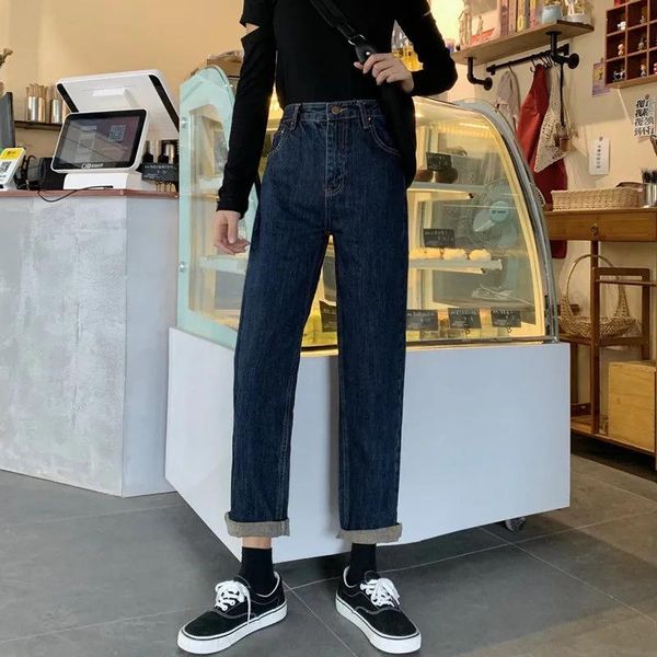 

women's jeans vintage mom high waist casual blue straight denim pants 2021 fashion boyfriend jean