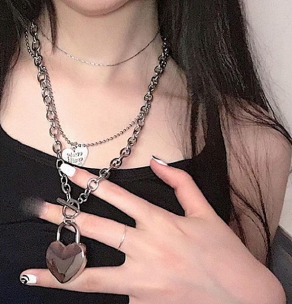 

pendant necklaces hip hop rock metal heart shape lock necklace for women fashion neck chains jewelry punk long nightclub party, Silver