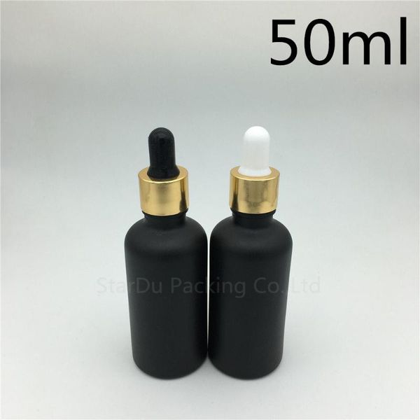 

200pcs 50ml black frosted glass essential oil bottle with gold aluminum ring dropper perfume storage bottles & jars