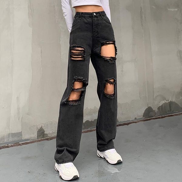 

cool black ripped jeans mid-waisted trousers wide leg pants pockets casual punk streetwear female 2021 y2k aesthetic women's & capris, Black;white