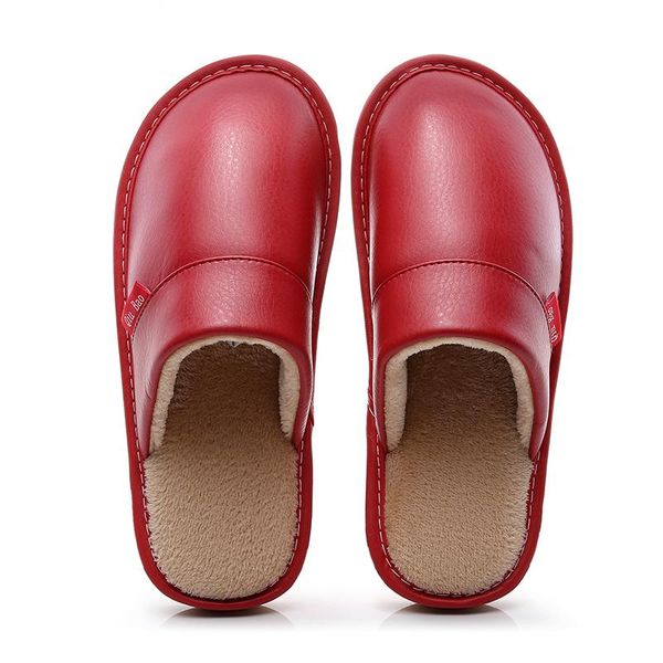 

slippers 2021 women waterproof pu leather home outdoor shoes winter indoor non-slip warm plush couples house slides, Black