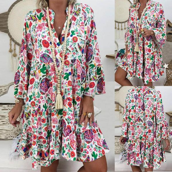 

casual dresses women's floral dress ladies loose print three quarter sleeve v neck boho mini vintage summer holiday beach a-line, Black;gray