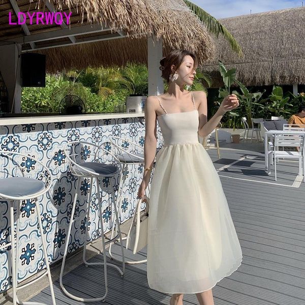 

casual dresses ldyrwqy 2021 summer temperament french suspenders waist fashion socialite mesh dress office lady polyester, Black;gray