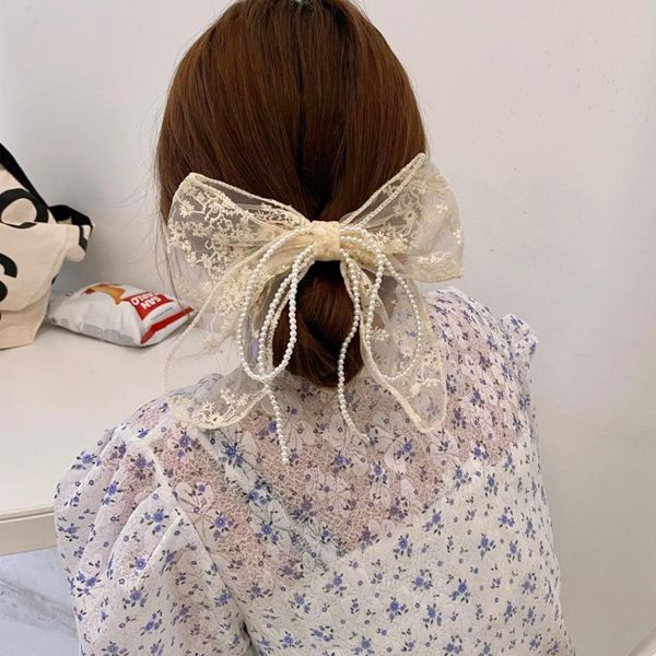 

hair accessories 2021 spring summer women girls elegant big lace bow pearls chain clips sweet headband hairpins fashion