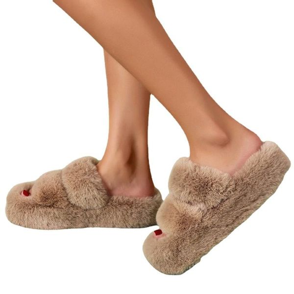 

slippers large size 41 42 fur women's one word thick sole 2021 fall/winter fashion plush, Black