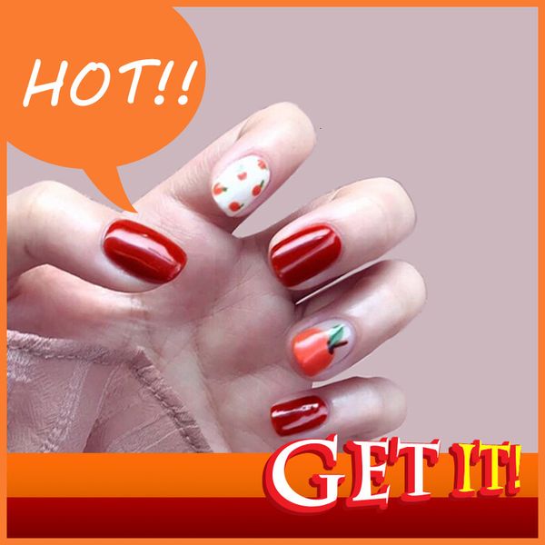

hand nail stylist decorated diy nina pd-24 summer orange net red false nail patch wear enhancement finished, Red;gold