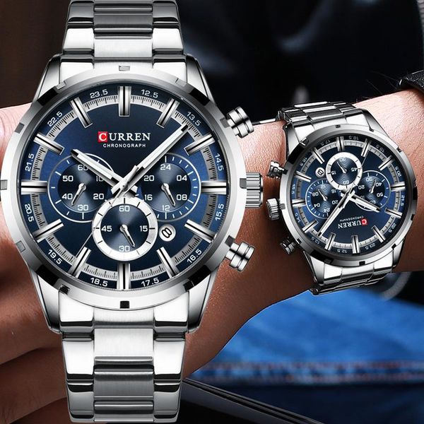 

wristwatches curren man sport wristwatch waterproof chronograph men watch military army blue stainless steel male clock 835, Slivery;brown