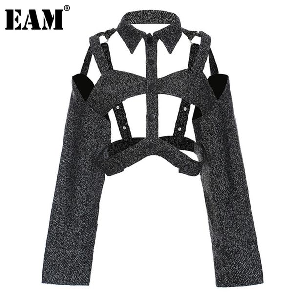 

[eam] loose fit hollow out spliced black jacket lapel long sleeve women coat fashion spring autumn 1dd4107 211112, Black;brown