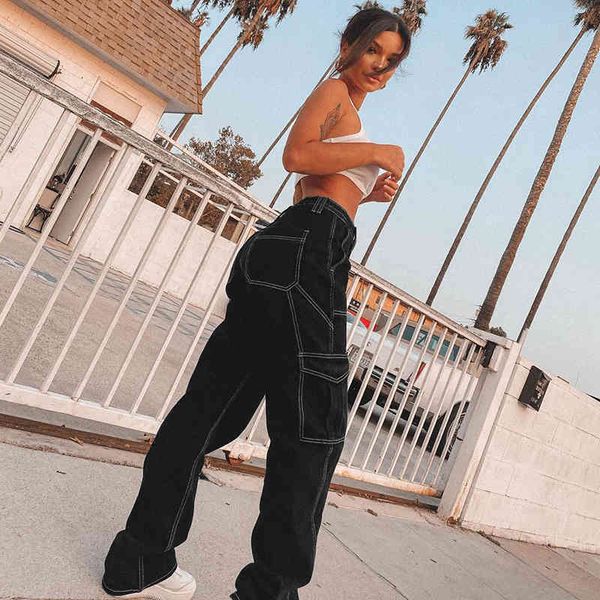 

stylish patched black y2k baggy women's fashion jeans full length high waist vintage straight denim pant harajuku streetwear 210415, Blue