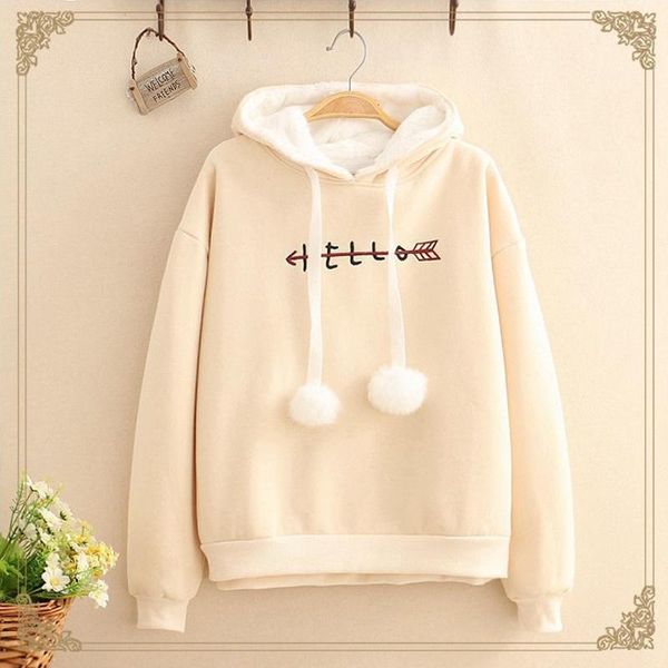 

women's hoodies & sweatshirts fur for women japanese letter embroidery over size thick coat with hat winter loose solid soft warm pullo, Black