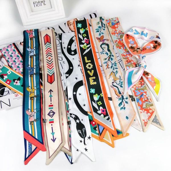 

scarves print silk scarf women bag strap scarfs fashion headwear long accessories ribbon bandana, Blue;gray