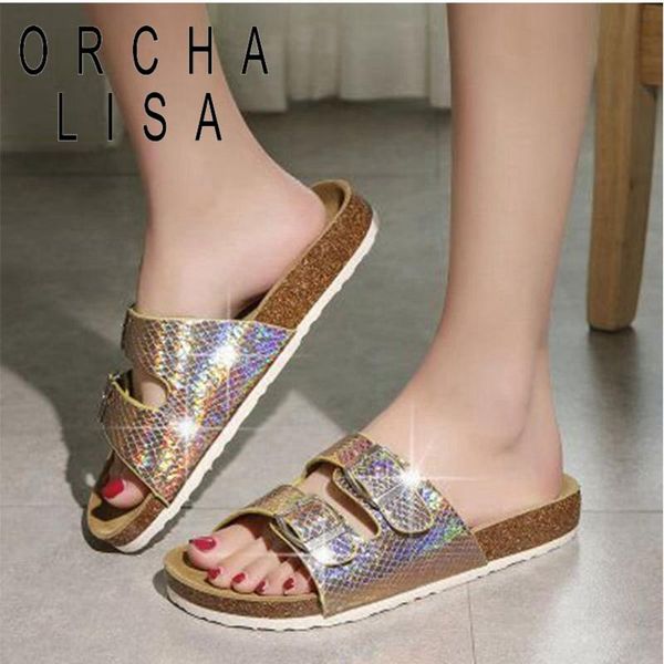

2021 ladies slippers open toe flat slip-on buckle bling simple concise multi colors cool big size 43 beach b2353, Black
