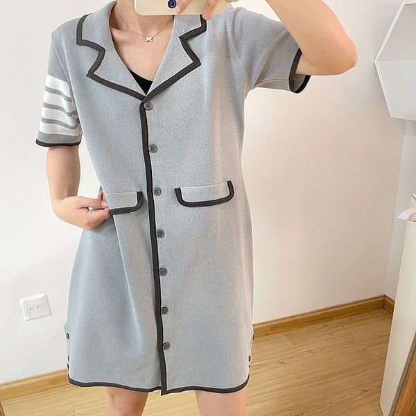 

skirt tb college style four bar short sleeve dress women's summer loose and thin v-neck button stripe contrast color suit, Black;gray