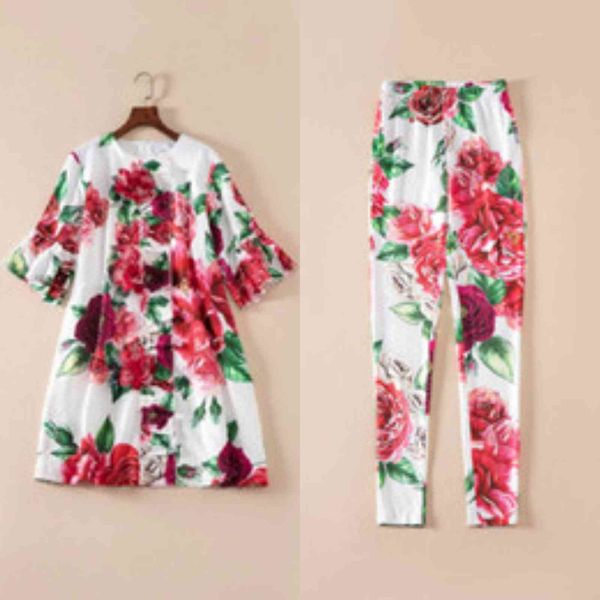 

women's two piece pants europe and america catwalk fashion rose floral cotton blend shirt + pants suit tkbf, White