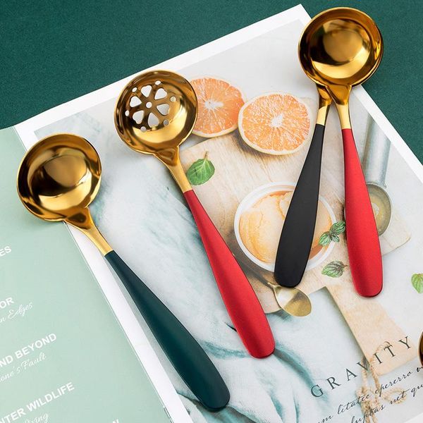 

spoons green gold long handle tablespoons home 304 stainless steel strainer cooking soup spoon colander kitchen flatware