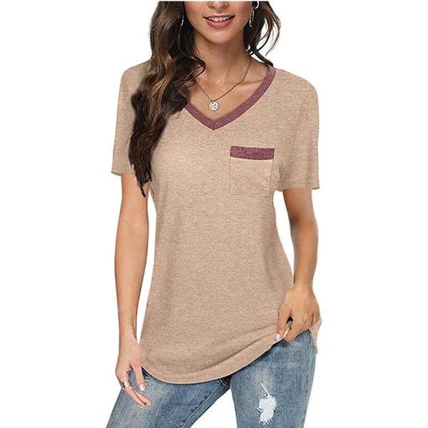 

women's color matching v-neck pocket casual loose t-shirt, White