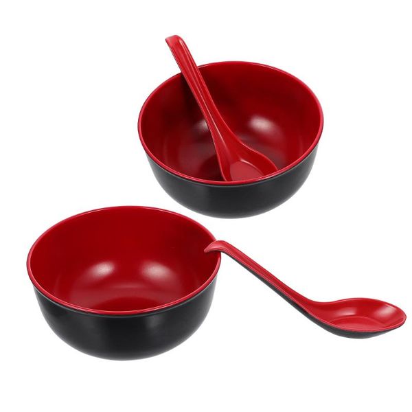

bowls 1 set of practical melamine ramen rice with spoons (black red)