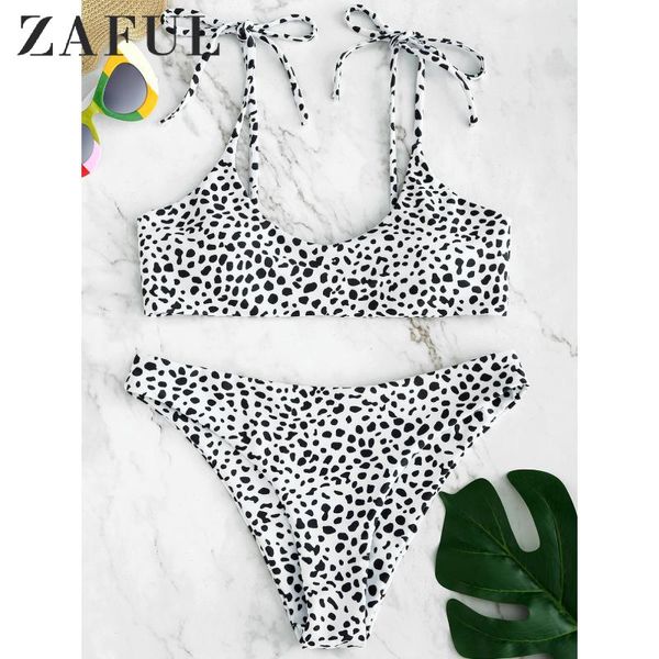 

two-piece suits zaful bikini leopard printed tie shoulders set spaghetti straps elastic low waisted padded swim suit beach swimwear