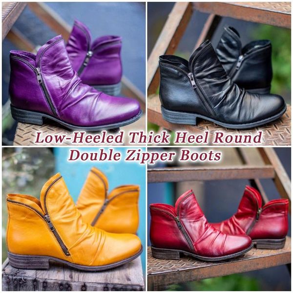 

boots est low-heeled thick heel round double zipper women casual daily toe, Black