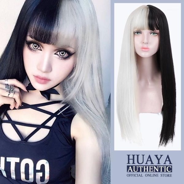 

wigs girl's long straight heat resistant fiber sythetic with bangs lolita anime cosplay wig half black white1