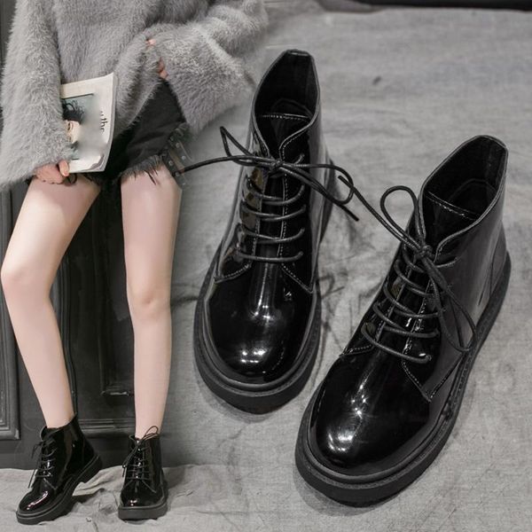 

boots basic short women fashion leather solid thick lace-up color ladies girl ankle zapatos de mujer, Black