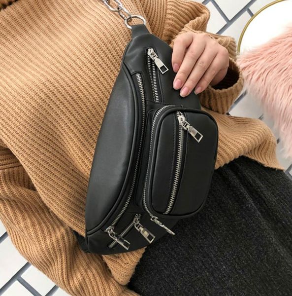 

fashion black leather women single shoulder bag waist packs belt ladies chest bags travel hip bum