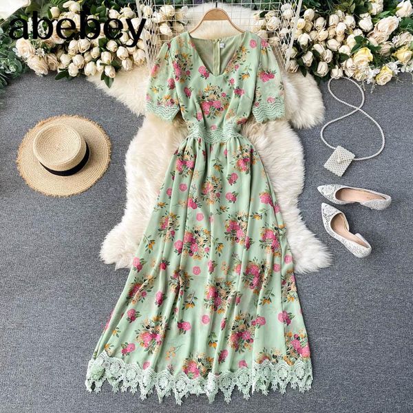 

casual dresses french print women dress sleeve v neck splice hollow lace summer a-line holiday beach long, Black;gray
