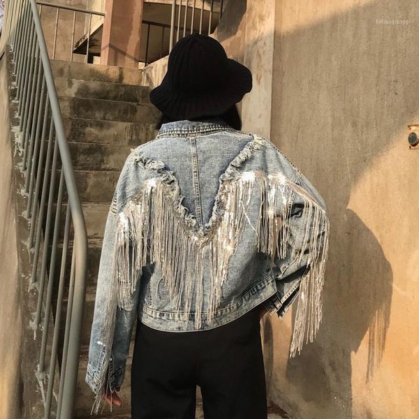 

women's jackets loose short vintage washed tassel denim jacket 2021 spring plus size single breasted female jeans streetwear, Black;brown