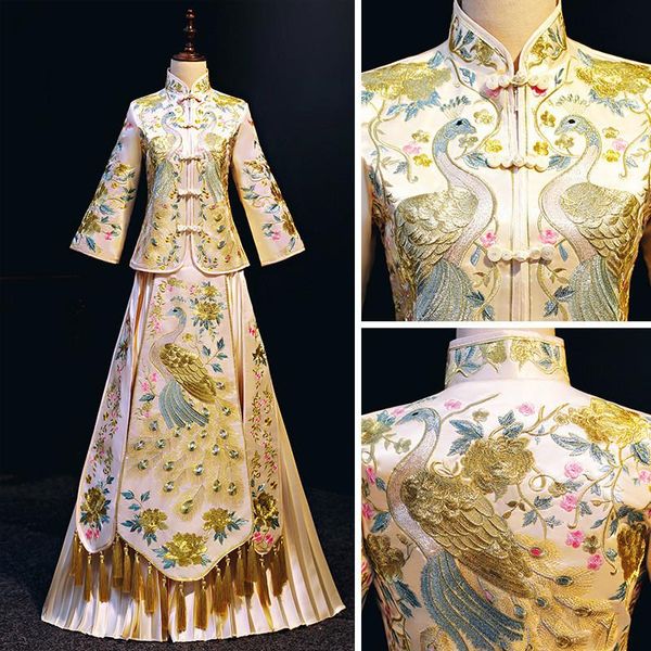 

large size champange wedding dress embroidery peacock cheongsam chinese style marriage set vintage bride costume 4xl 5xl 6xl ethnic clothing, Red