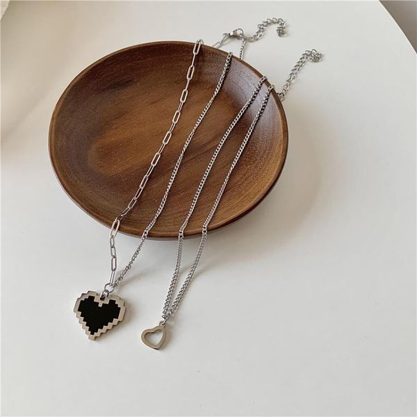 

pendant necklaces origin summer hiphop hollow out black love heart necklace for women chunky chain metallic mosaic jewelry, Silver