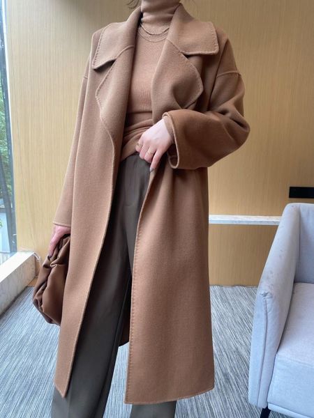 

women's trench coats high-end double-sided cashmere coat in autumn and winter medium long temperament wool over knee, Tan;black