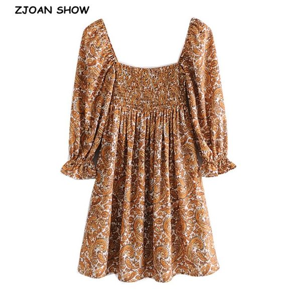 

casual dresses 2021 holiday style square collar paisley floral print dress bohemian puff sleeve elastic ruched woman female clothe, Black;gray
