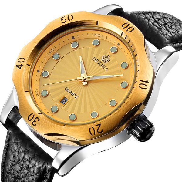 

wristwatches simple leather band gold men's quart watch noctilucent fashion calendar man, Slivery;brown