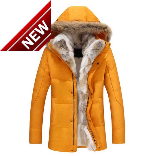 

winter duck down coats for men 2021 thick warm cashmere fleece parkas male real rabbit fur collar jackets women long overcoats, Black