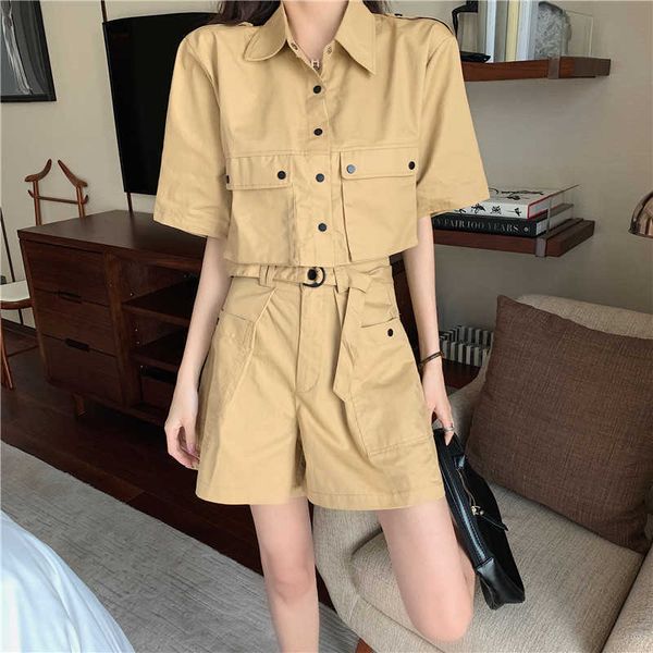

summer fashion casual women short sleeve + pants suit casual 2 piece sets tooling fashion suit 210531, White