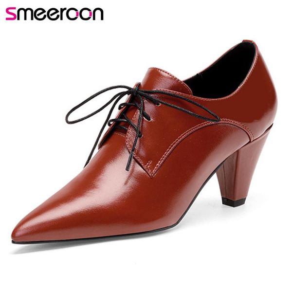 

dress shoes smeeroon 2021 spring summer women pumps genuine leather pointed toe lace up classic high heel office woman, Black