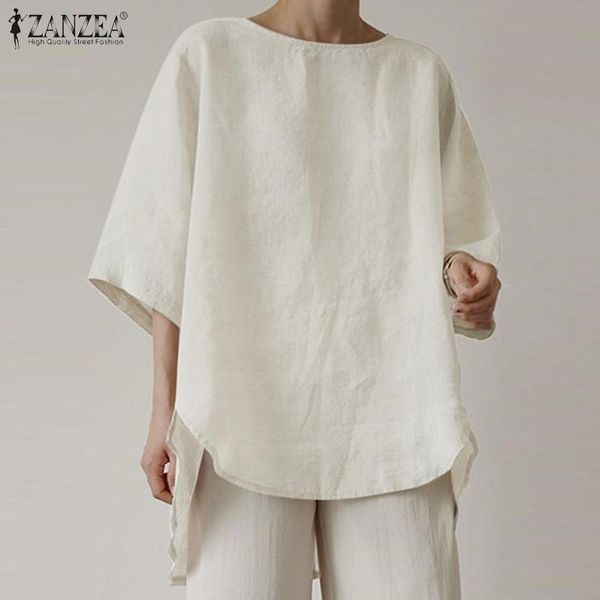 

women's blouses & shirts zanzea 2021 asymmetrical kaftan summer casual 3/4 sleeve blusas female o neck tunic split chemise oversize, White