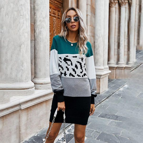 

casual dresses leopard print patchwork knitted women mini dress long sleeve hip package ladies 2021 autumn female vestido, Black;gray